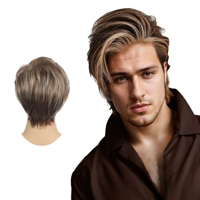 Swiking Men Wig Short Blonde Brown Layered Natural Synthetic Hair Full Wigs for Male Guy Daily Party Wear (Brown Blonde) - Image 1